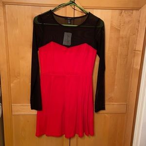 Red and black sheer sleeve skater dress